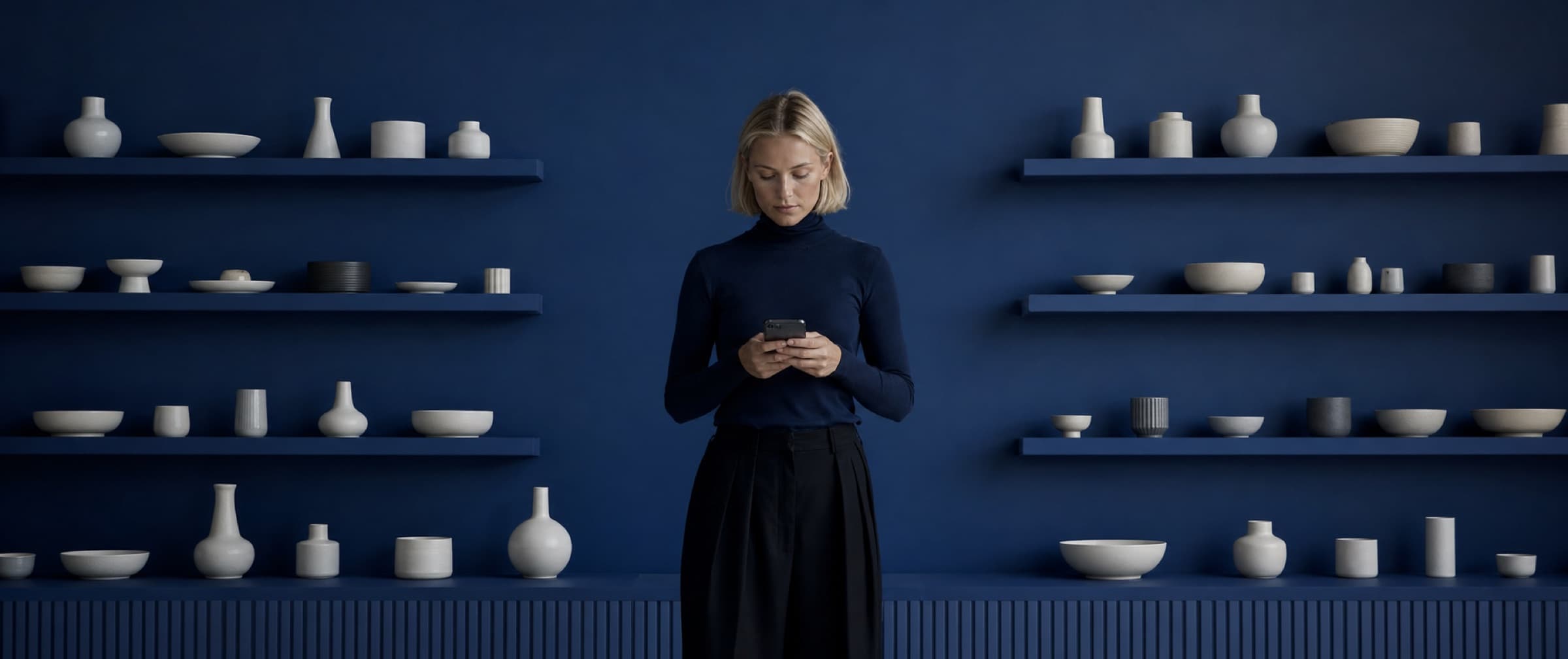A founder in her showroom, typing a website request on her phone in the evening