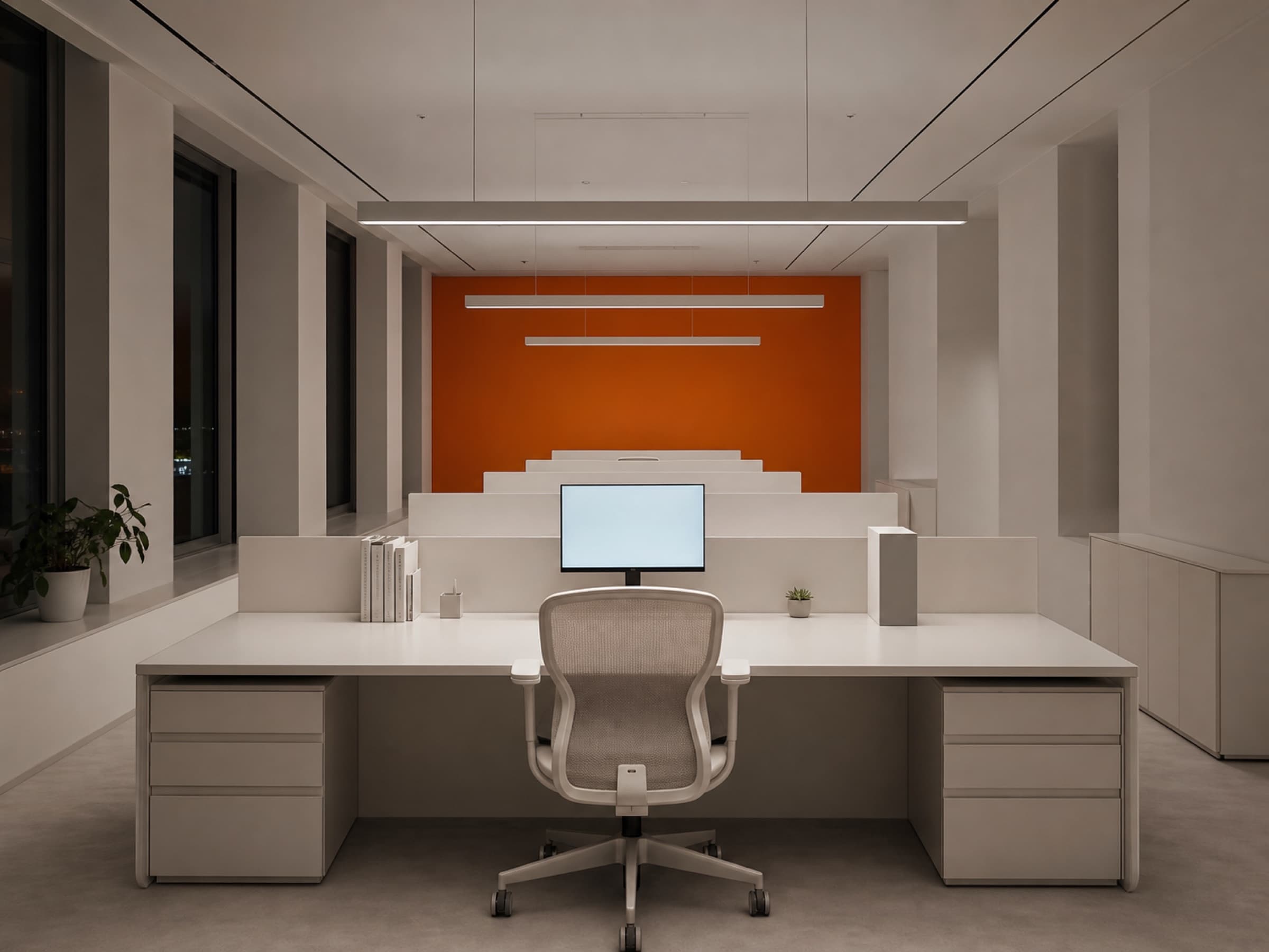 An empty design studio after hours, one monitor still glowing