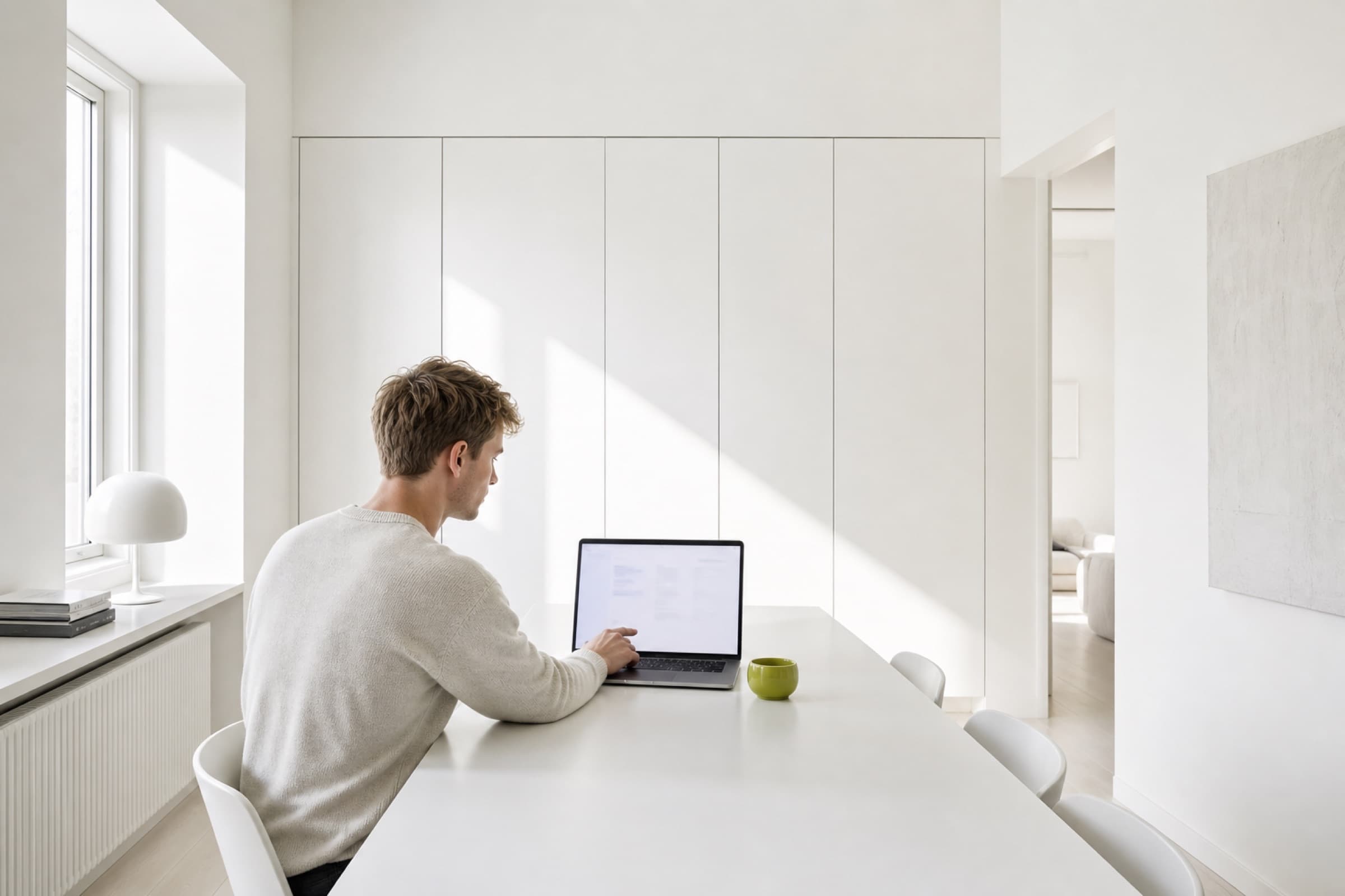 Morning in a bright apartment — approving the finished work over coffee