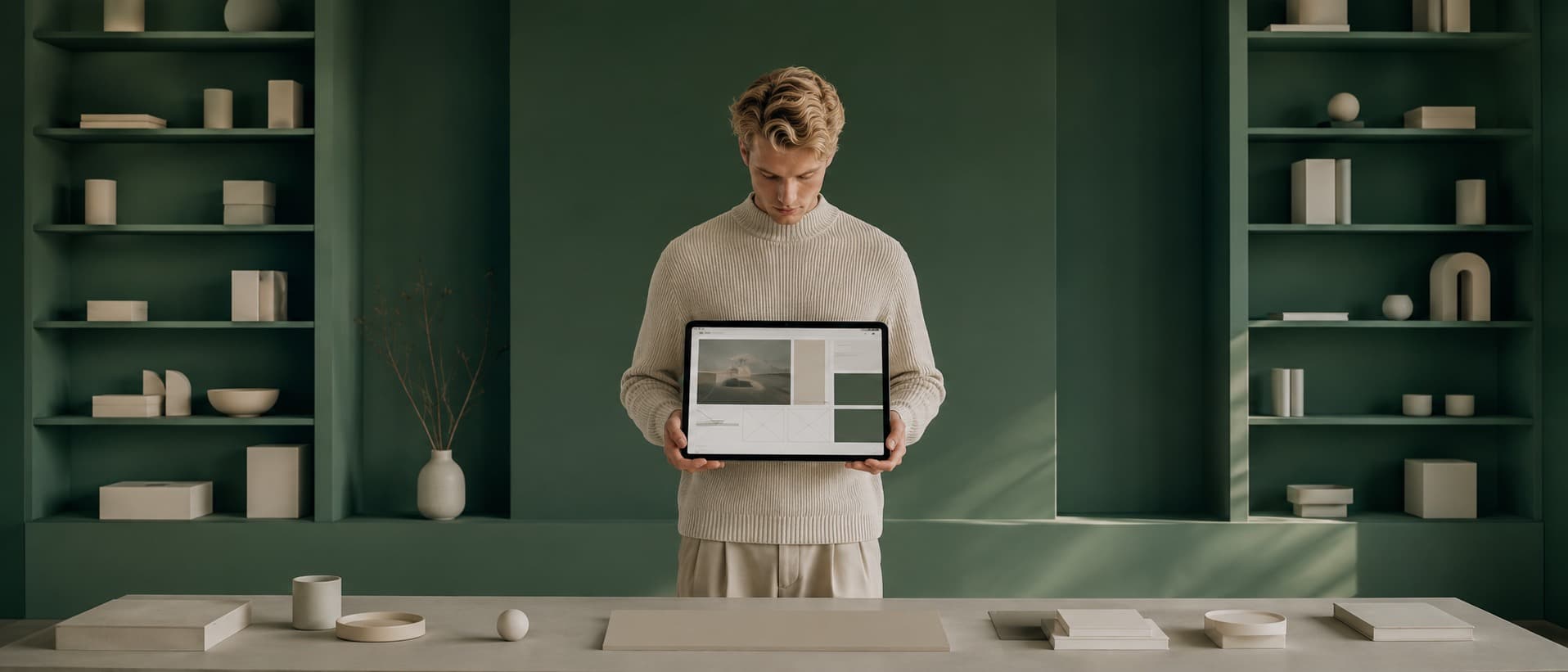 A web designer in a minimal green studio holding a tablet that shows a website layout taking shape