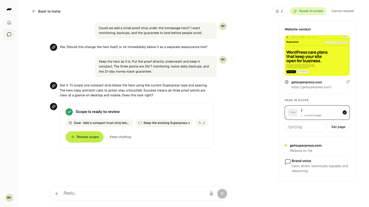 Superpress client conversation clarifying a homepage change, with website context and a scope ready to review
