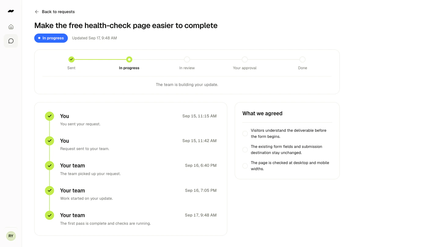 A Superpress request in progress, showing the delivery timeline, latest updates and agreed requirements
